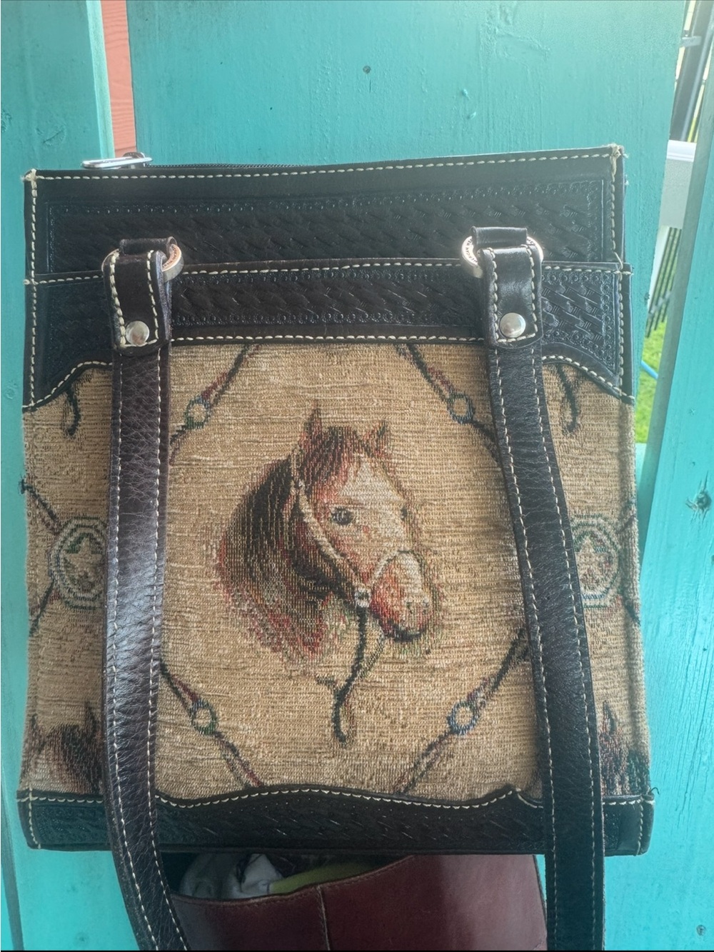 Vintage American West tooled, handcrafted Western Leather Horse Tapestry handbag